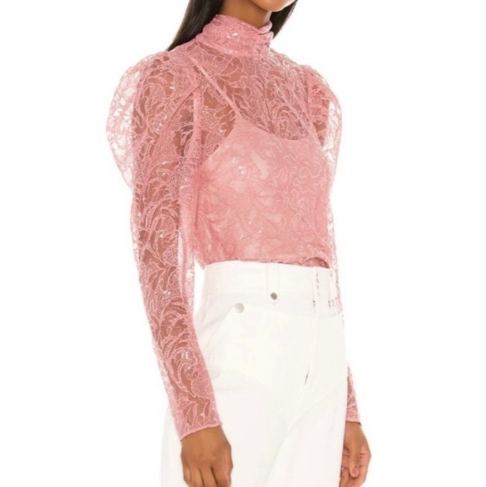 Tularosa Holly pink Sheer Lace Lined Long Sleeve Back Bow Blouse Size S